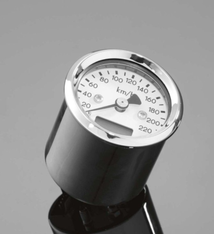 Elektronický tachometer  220km/h, 48mm, chróm/čierný/LED biela