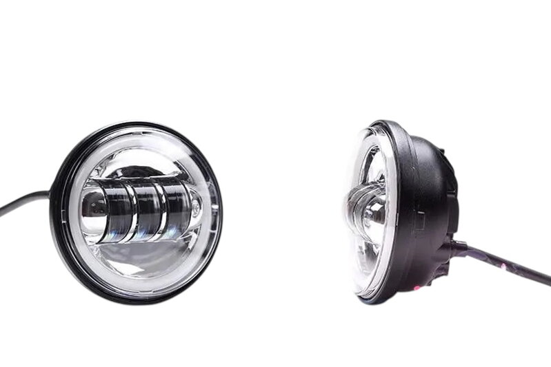 LED - Homologizované univerzálne prídavné svetlo s ANGEL EYES pre choppre - matné čierne + chrómované vnútro 1ks