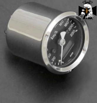 Elektronický tachometer 220km/h, 48mm, chróm/čierny/LED modrá