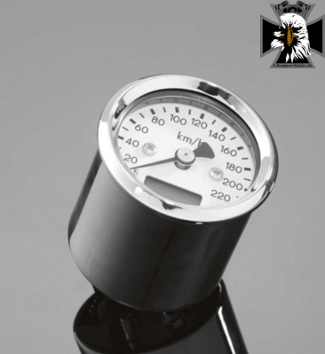 Elektronický tachometer  220km/h, 48mm, chróm/čierný/LED biela