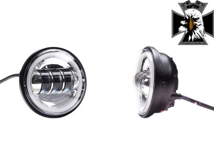 LED - Homologizované univerzálne prídavné svetlo s ANGEL EYES pre choppre - matné čierne + chrómované vnútro 1ks